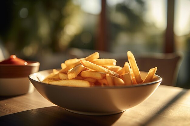 Irresistible closeup of golden french fries served with a side of tangy ketchup