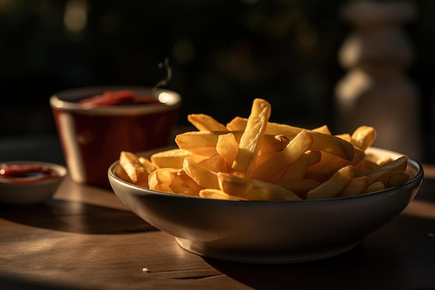 Irresistible closeup of golden french fries served with a side of tangy ketchup