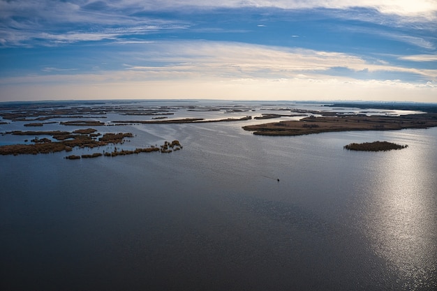 Irresistible floods on the Samara river on the dnieper in the evening light