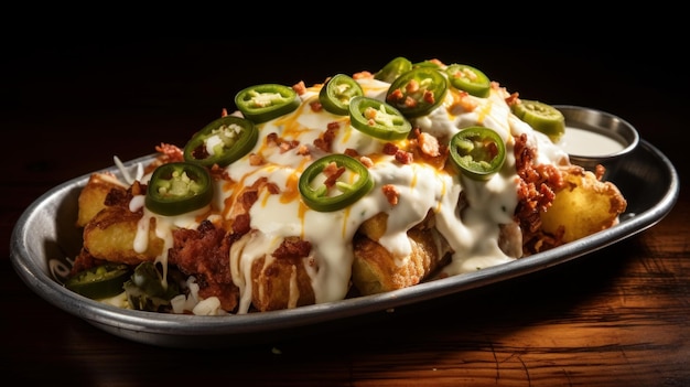 Irresistible and greasy loaded tater tot nachos topped with cheese bacon and jalapenos