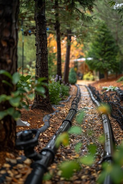 Photo irrigation pipes running through a wooded landscape