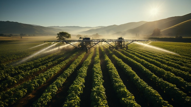 Irrigation system in a vineyard in the morning lightgenerative ai