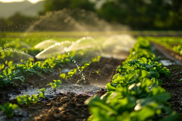 The irrigation system waters the soil with water to obtain a good harvest