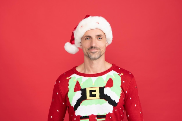 Is it too late to be good Christams elf portrait Man in santa hat and Christmas jumper