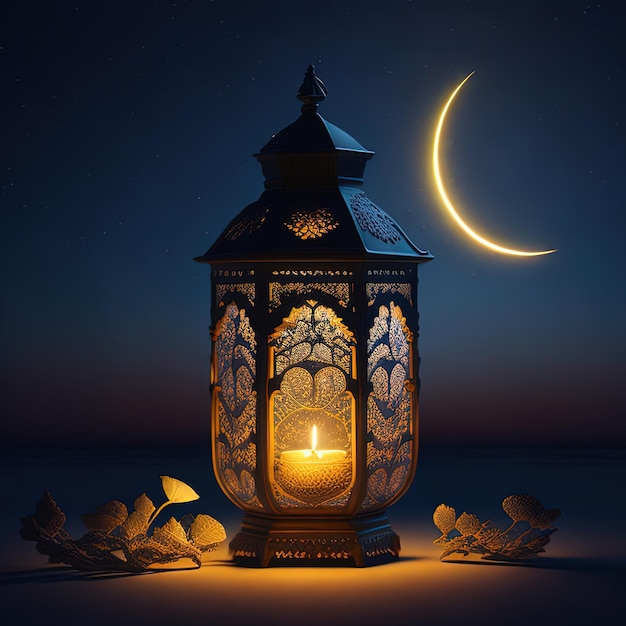 is a lit candle in a decorative lantern on a dark background