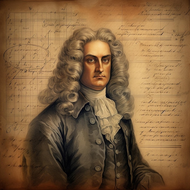 Isaac Newton portrait physics formulas from mechanic book