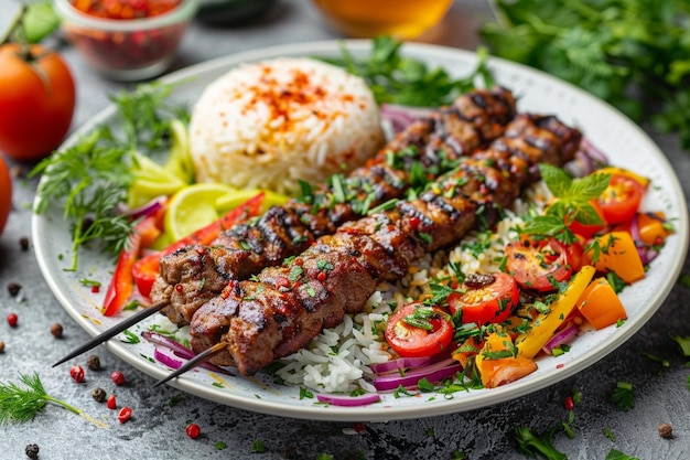 Photo iskender kebab with rice and vegetables