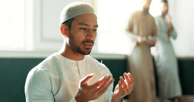 Islam prayer and man in mosque with faith mindfulness and gratitude with commitment to faith Worship religion and Muslim person in holy temple praise spiritual teaching and learning with peace