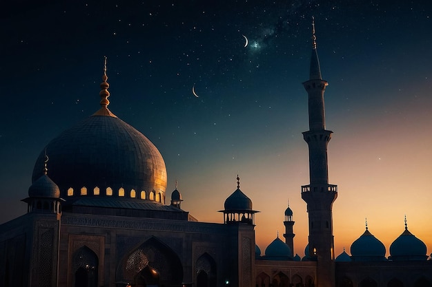 Islam ramadan Mosque silhouette in night sky with crescent moon and star