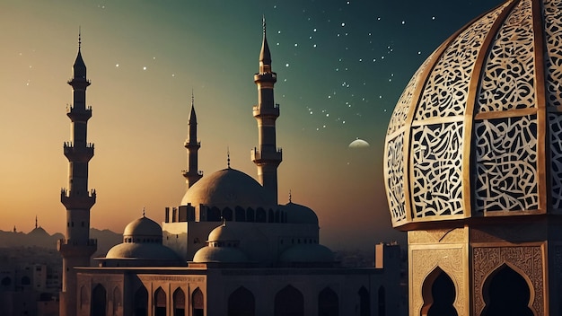 Islam ramadan Mosque silhouette in night sky with crescent moon and star