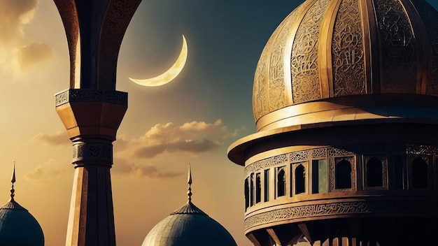 Islam ramadan Mosque silhouette in night sky with crescent moon and star