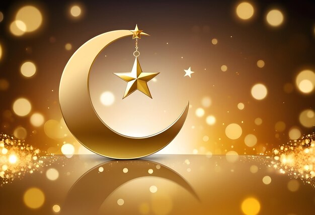 Islam symbol gold moon and star on bokeh background