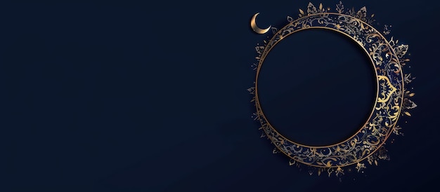 Islamic arabic Ornament Border gold color for Ramadan Kareem and Eid Fitr on dark blue Background