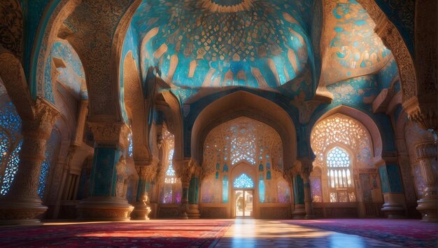 Islamic architecture intricately detailed ornate patterns vibrant colors majestic archways dome