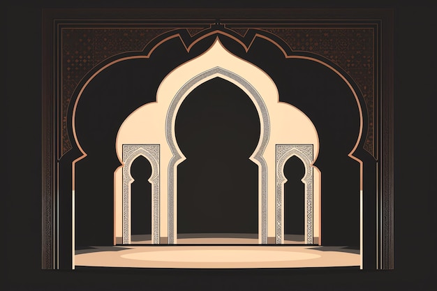 Islamic archway silhouette greeting card for mawlid al nabi in red black and gold colors