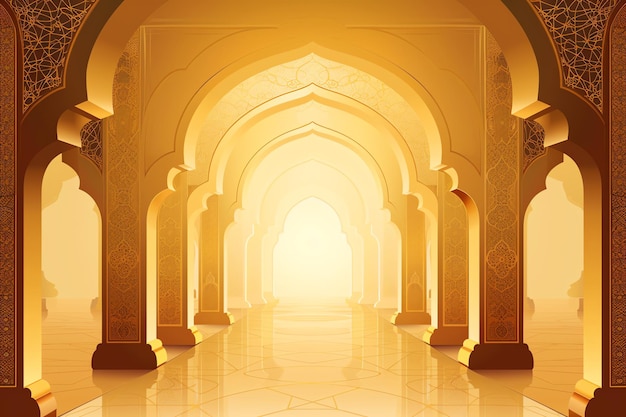 Islamic archway silhouette greeting card for mawlid al nabi in red black and gold colors