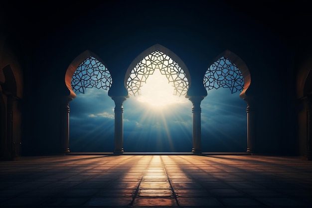 islamic background Arching Windows in Islamic Style Spiritual Room with Sunrays Detailed Artistry