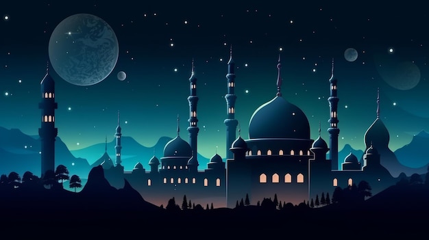 Islamic background beatiful mosque and night sky view Generative AI