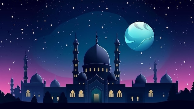 Islamic background beatiful mosque and night sky view Generative AI