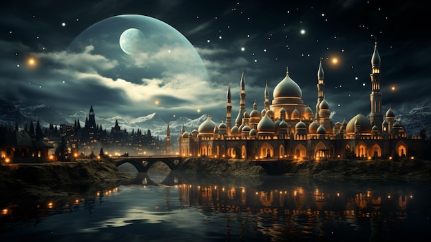 Islamic background beautiful mosque and night sky view