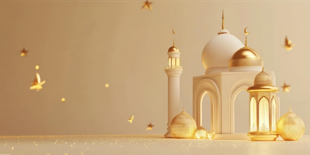 Islamic background design for Ramadan with a mosque and lantern for a banner frame or template on a white empty space background