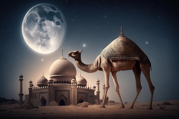 Islamic background with camel milky way and moon ornament generative AI