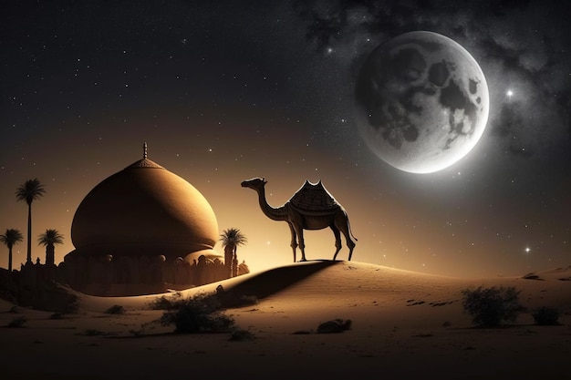 Islamic background with camel milky way and moon ornament generative AI