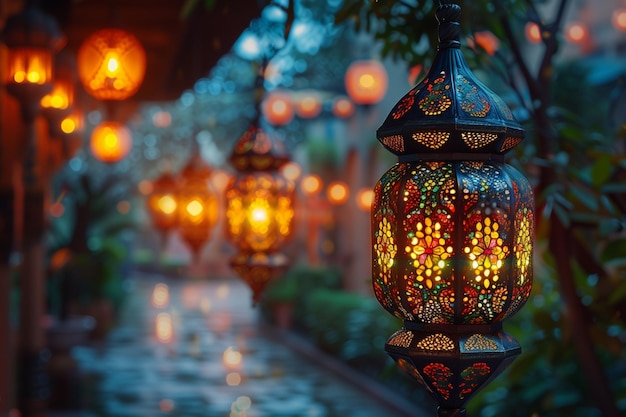 Islamic background with lanterns created with Generative AI technology