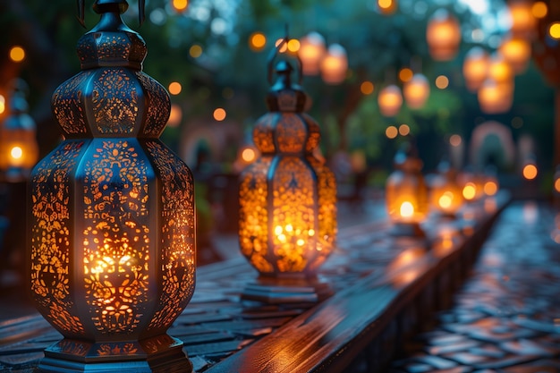 Islamic background with lanterns created with Generative AI technology