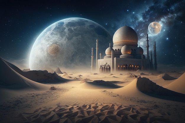 Islamic background with mosque milkyway desert and moon elements Generative AI