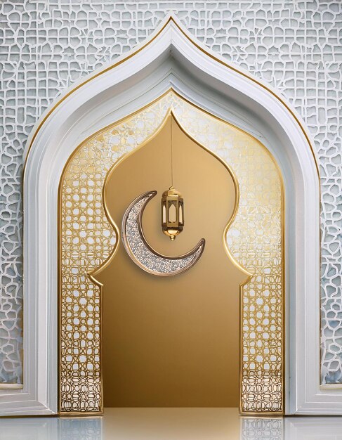 Photo islamic banner background with crescent lantern and gate in white and gold color