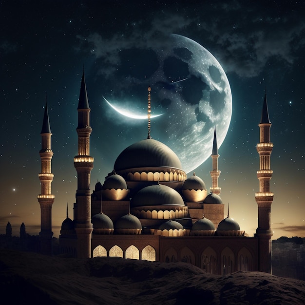 Islamic beautiful serene mosque at night generative ai