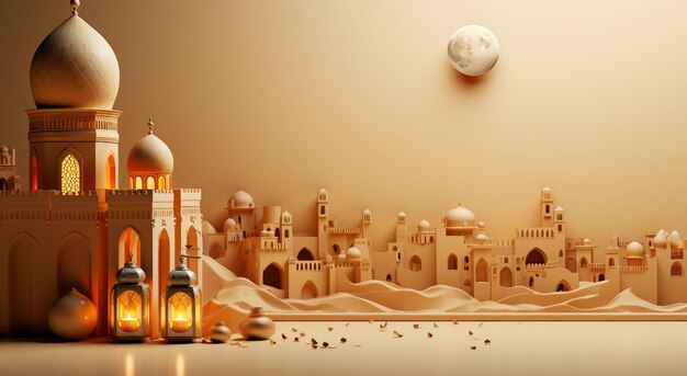 Islamic Celebration Ramadan and Eid Mubarak Design with Crescent Moon Gift Box and Praying Man 3