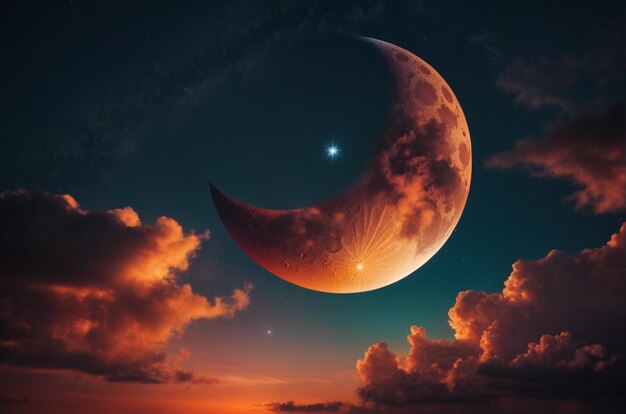 Islamic crescent moon and star against a vibrant sky