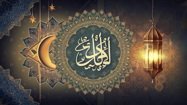 Islamic decoration background with arabic lantern crescent copy space