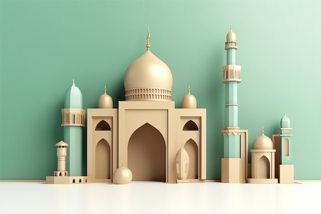 Islamic decoration background with beautiful mosque cartoon style ramadan kareem mawlid iftar isra miraj eid al fitr adha muharram copy space text area 3D illustration