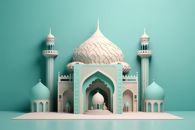 Islamic decoration background with beautiful mosque cartoon style ramadan kareem mawlid iftar isra miraj eid al fitr adha muharram copy space text area 3D illustration