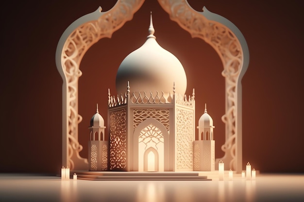 Islamic decoration background with beautiful mosque cartoon style ramadan kareem mawlid iftar isra miraj eid al fitr adha muharram copy space text area 3D illustration