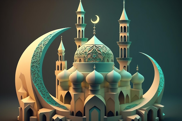 Islamic decoration background with beautiful mosque cartoon style ramadan kareem mawlid iftar isra miraj eid al fitr adha muharram copy space text area 3D illustration