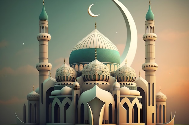 Islamic decoration background with beautiful mosque cartoon style ramadan kareem mawlid iftar isra miraj eid al fitr adha muharram copy space text area 3D illustration