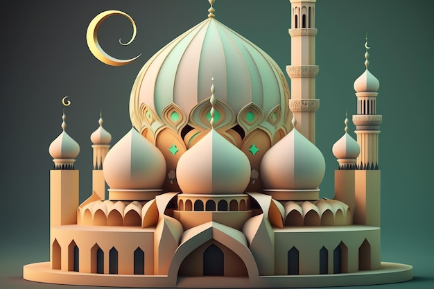 Islamic decoration background with beautiful mosque cartoon style ramadan kareem mawlid iftar isra miraj eid al fitr adha muharram copy space text area 3D illustration