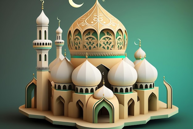 Islamic decoration background with beautiful mosque cartoon style ramadan kareem mawlid iftar isra miraj eid al fitr adha muharram copy space text area 3D illustration