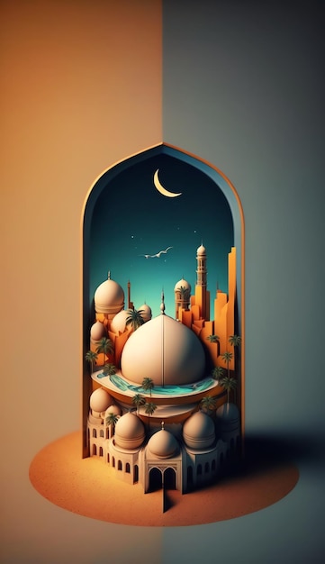 Islamic decoration background with beautiful mosque cartoon style ramadan kareem mawlid iftar isra miraj eid al fitr adha muharram copy space text area 3D illustration