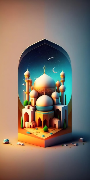 Islamic decoration background with beautiful mosque cartoon style ramadan kareem mawlid iftar isra miraj eid al fitr adha muharram copy space text area 3D illustration