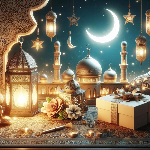 Islamic decoration background with crescent moon lantern gift box concept Ai generative