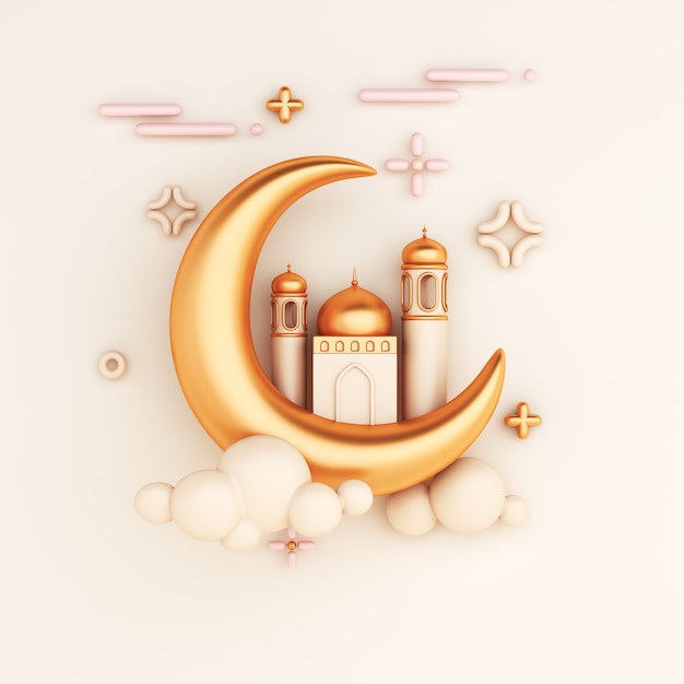 Islamic decoration background with crescent and mosque cartoon style