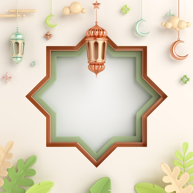 Islamic decoration background with lantern crescent moon window leaves