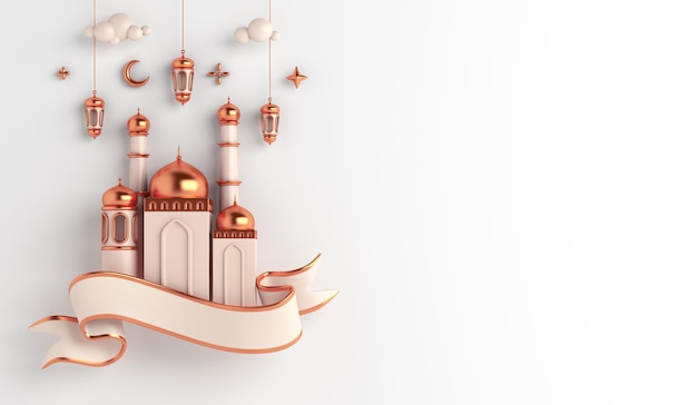 Islamic decoration background with mosque waving ribbon lantern crescent