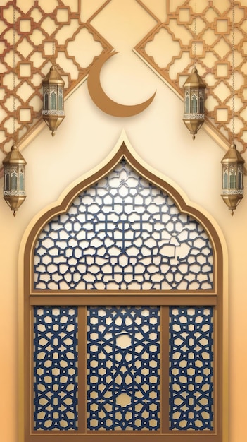 Photo islamic decoration background with mosque window ketupat lantern crescent moon