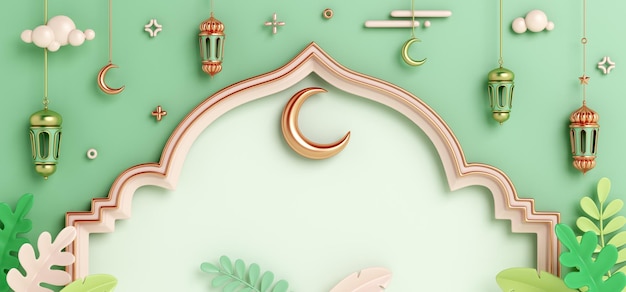 Islamic decoration background with window lantern crescent moon leaves